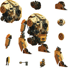 Disassembled robot mech style concept illustration. Indie game design vector graphics.