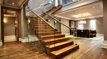 Elegant wooden staircase with glass railings in a newly designed luxury home showcasing modern craftsmanship