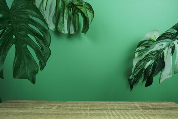 Wooden podium display scene stage showcase front view with copy space and monstera leaves decoration on green background