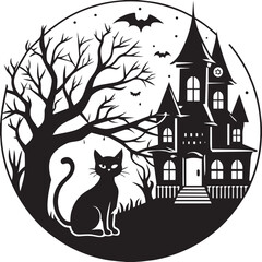 Halloween background with black cat, haunted house and tree. Vector illustration.