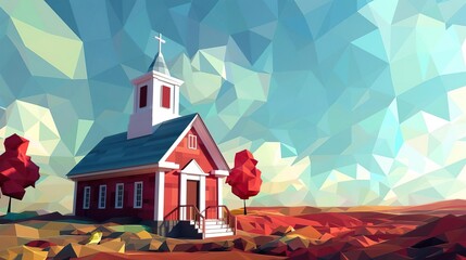 Low poly landscape with a small church.