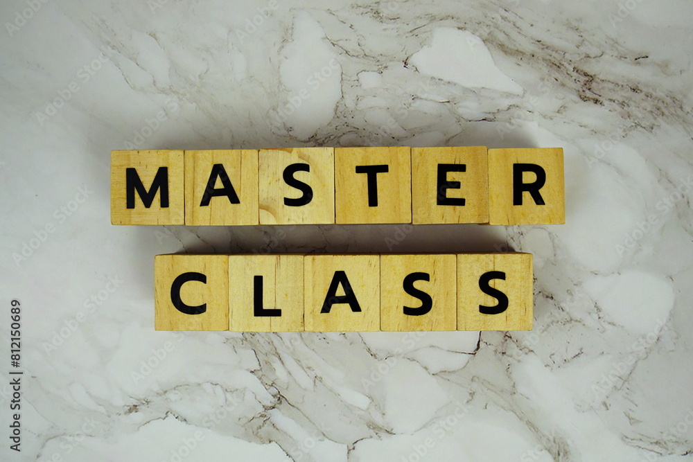 Poster master class with wooden blocks alphabet letters on marble background