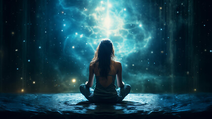 A woman meditates in lotus position against the background of the cosmic universe. 