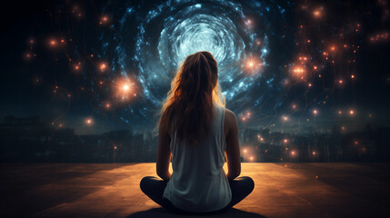 A woman meditates in lotus position against the background of the cosmic universe. 