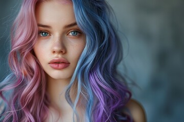 Naklejka premium Beauty fashion girl with colorful dyed rainbow hair