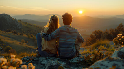 Couple on mountain peak enjoying sunset, immersed in natural landscape