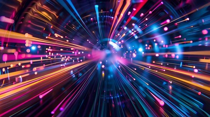 Naklejka premium Traveling through a neon light tunnel at warp speed