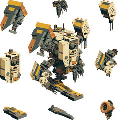 Disassembled robot mech style concept illustration. Indie game design vector graphics.