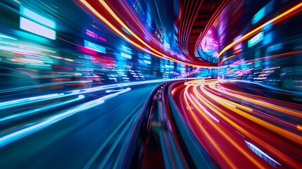 Vibrant city lights blur in a high speed urban rush