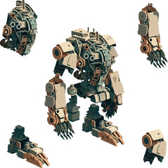 Disassembled robot mech style concept illustration. Indie game design vector graphics.