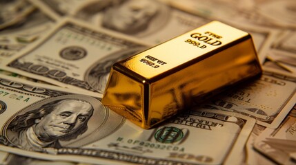 Gold bar on US dollar banknotes money, economy finance exchange trade investment concept.