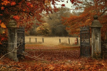 Tranquil and serene misty autumn gateway leading to a rustic iron gate in the forest. Surrounded by...