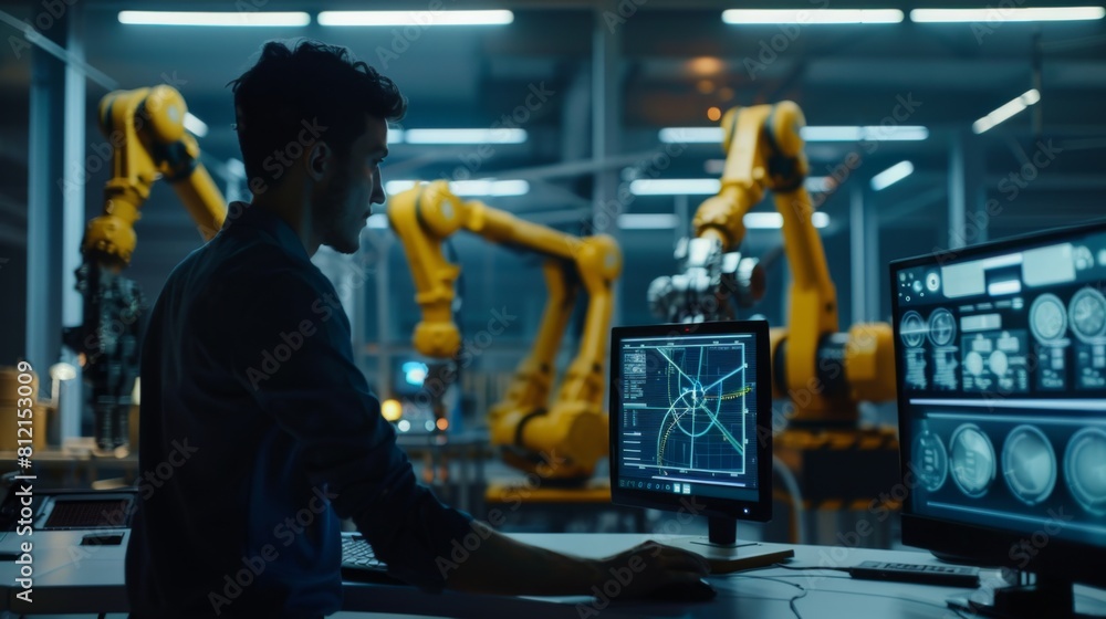 Fototapete Industrial Engineer use modern dashboard interface and check and control automation robot arms in intelligent factory industrial on real time monitoring system software. Digital future manufacture.