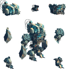 Disassembled robot mech style concept illustration. Indie game design vector graphics.