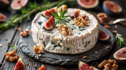 A piece of soft blue cheese with walnuts and figs lies on the table.