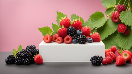 a white box with raspberries and raspberries on it