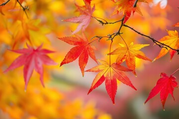 Beautiful and vibrant autumn maple leaves on a tranquil forest landscape with soft blurred background, showcasing the seasonal beauty of nature in october and november