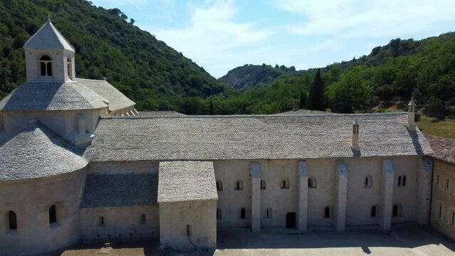 Cistercian Abbey of Senanque in Provence, a place of tranquility and prayer among mountains, trees and lavender fields. Ancient abbey founded in the 12th century by a monastic order. 