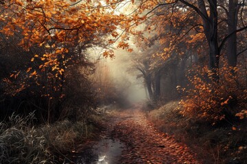 Serene autumn scene featuring a misty forest path lined with trees showcasing vibrant golden leaves