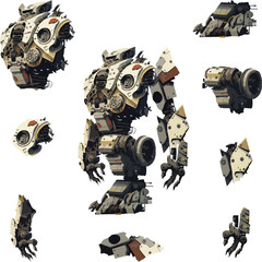 Disassembled robot mech style concept illustration. Indie game design vector graphics.