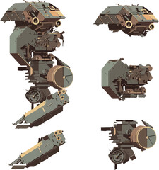 Disassembled robot mech style concept illustration. Indie game design vector graphics.