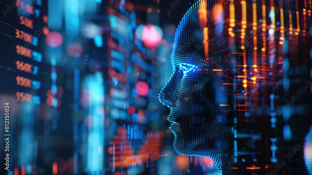 Poster market trading stock index number and graph on black blue digital technology blur city light line and head of human in artificial intelligence or AI