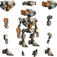 Disassembled robot mech style concept illustration. Indie game design vector graphics.