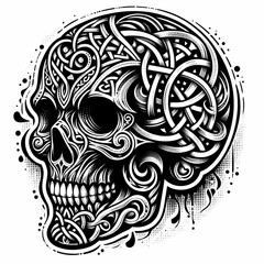 Black and White Tattoo Skull Illustration. isolated on white background