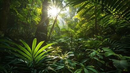 lush green foliage of a tropical rainforest with bright sunlight shining through the trees