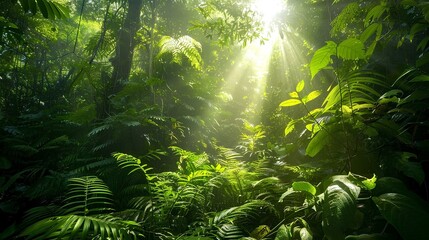 lush green foliage of a dense jungle with sunlight streaming through the trees