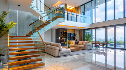 Modern luxury staircase with glass balusters and rich wooden treads elegantly designed for a contemporary home