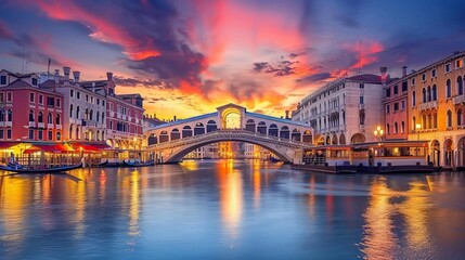 Venice, Italy. Beautiful sunset colors on Grand Canal, Rialto Bridge
