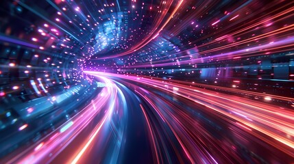 Fototapeta premium Warp speed through a neon data tunnel