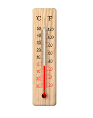 Wooden celsius and fahrenheit scale thermometer isolated on transparent background. Ambient temperature 0 degrees