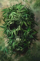 Green Skull Entwined with Cannabis Leaves

