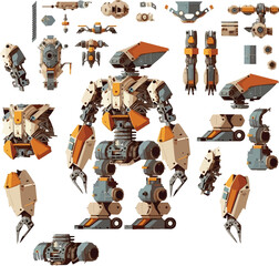 Disassembled robot mech style concept illustration. Indie game design vector graphics.
