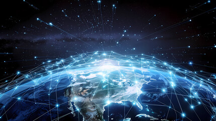A conceptual image of a digital Earth with network lines and satellite links encircling it, highlighting global connectivity and data exchange protocols.