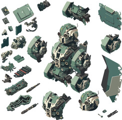 Disassembled robot mech style concept illustration. Indie game design vector graphics.