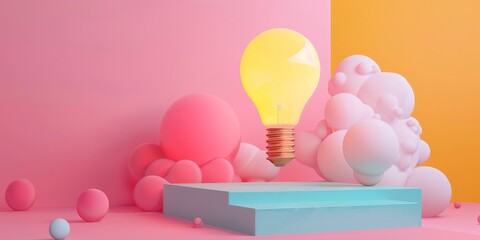 3d rendering of a light bulb on a podium with clouds and spheres.
