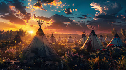 Teepee Village: Traditional Native American Dwellings at Sunset