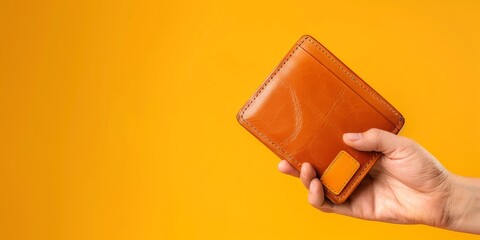 A hand holding a brown leather wallet against a yellow background. - obrazy, fototapety, plakaty