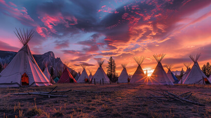 Sunset Over Native American Teepee Settlement