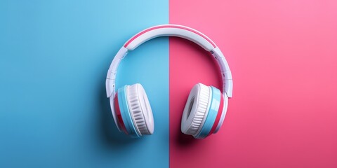 A pair of white and blue headphones on a blue and pink background.