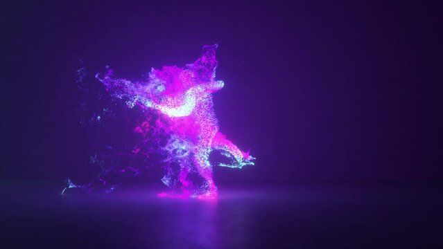 Captivating 3D rendering of a human figure dancing, composed of glowing particles in vibrant pink and blue, on a dark background
