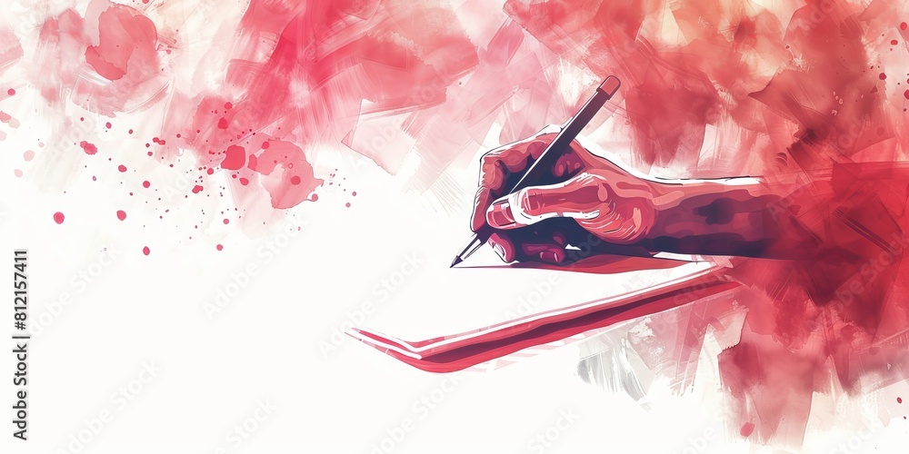 Wall mural artistic illustration of a hand holding a pencil and writing on a paper with red watercolor splashes