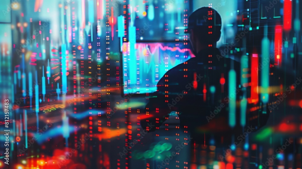 Aufkleber multi exposure of market chart with man working on computer on background. concept of financial anal