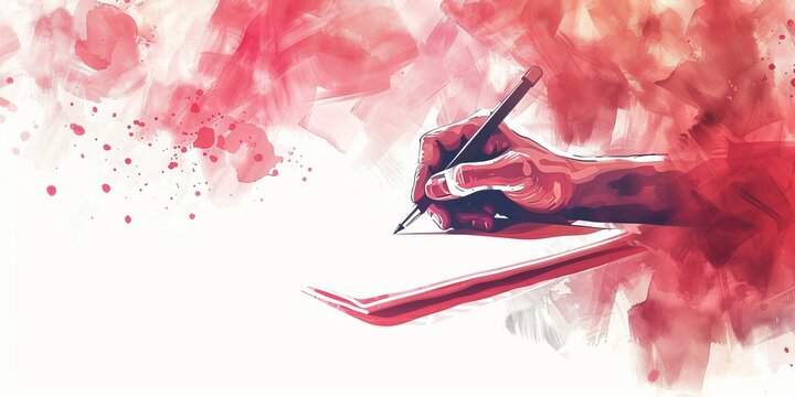 Artistic illustration of a hand holding a pencil and writing on a paper with red watercolor splashes in the background.