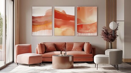 Wall Art: Striking peach-colored abstract wall art pieces, adding depth and dimension to the room.