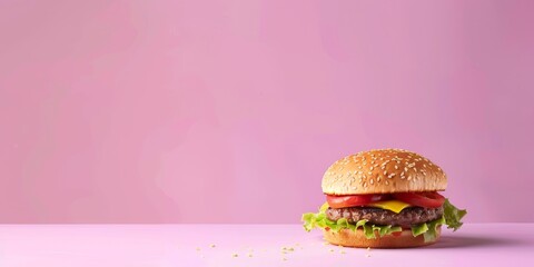Single cheeseburger on a pink background.