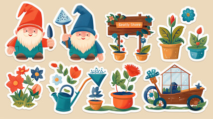A set of cute garden gnomes and gardening elements. Vector illustration.